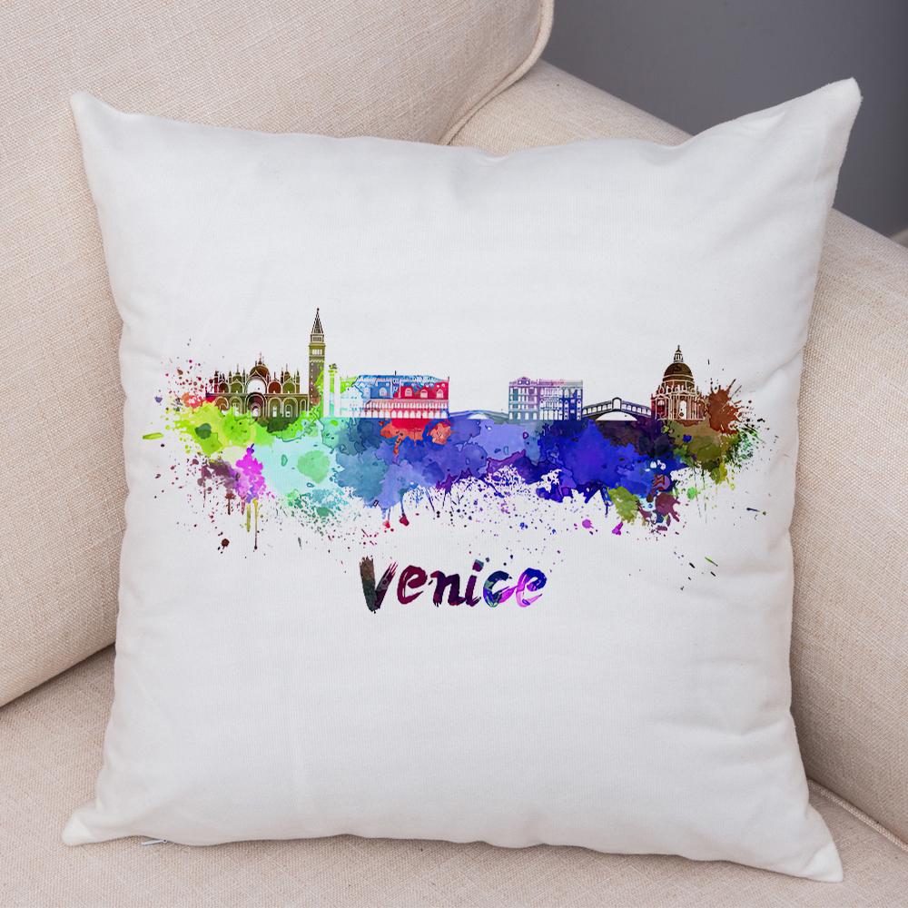 Watercolor City Skyline Cushion Cover Global Landmarks Art Print Soft Linen Living Room Bedroom Home Decor Pillow Case