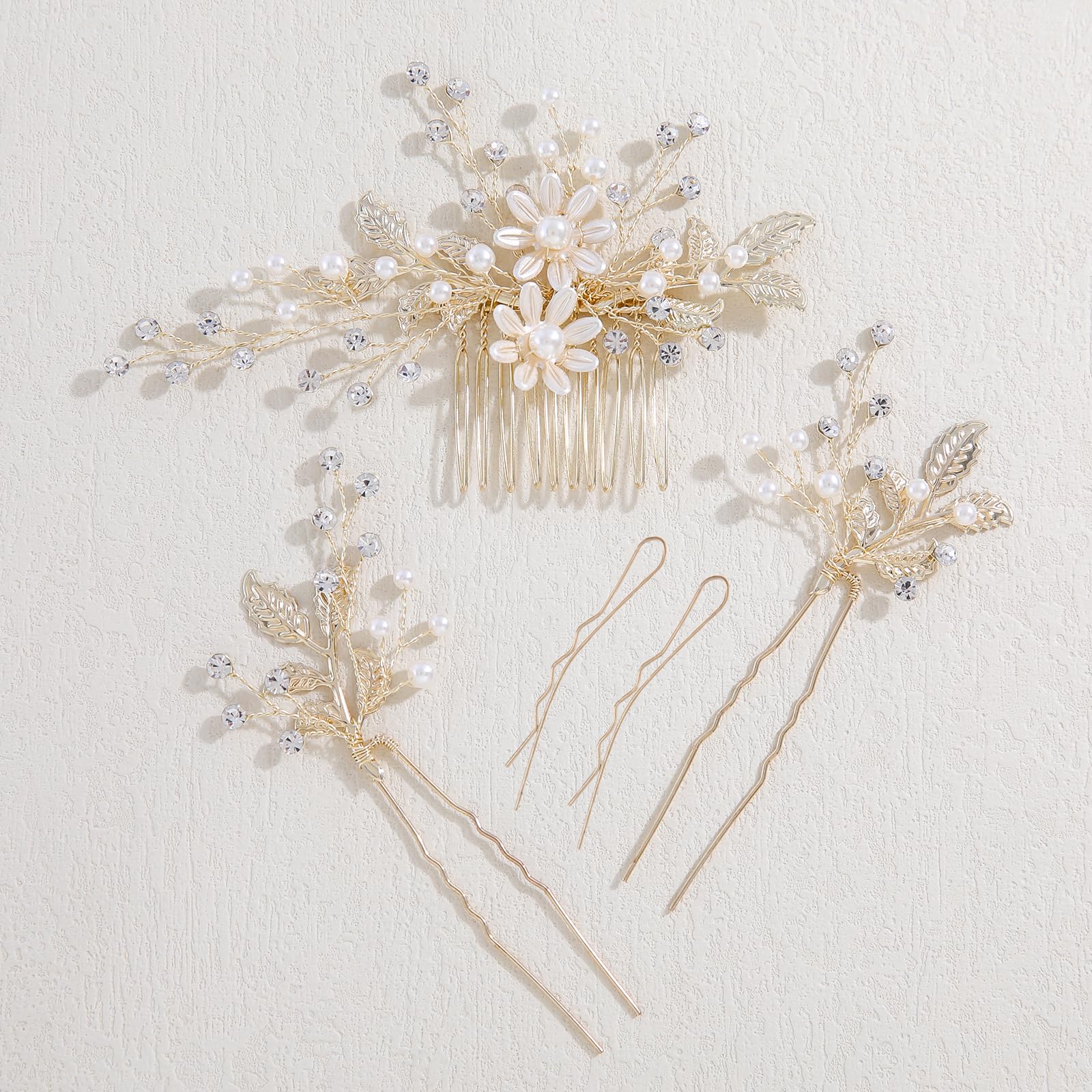 

Famihot Hair Accessory Set with and Leaf and Flower Bridal Kanzashi and Crystal Perfect for Entrance and Perfect for Kimono and Made of Alloy and Gold золотой