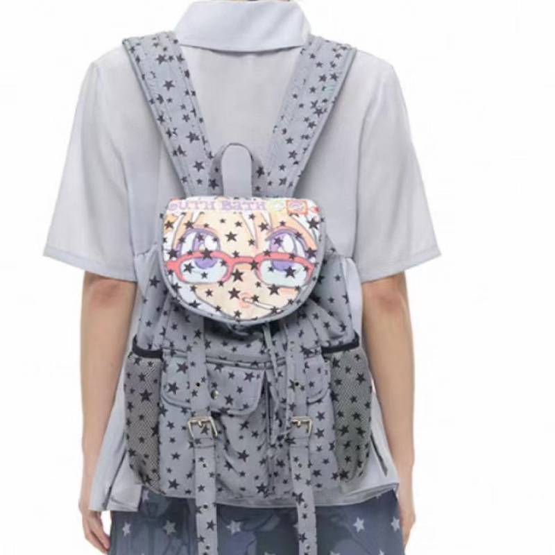 Star Cartoon Print Nylon Backpack With Waterresistant Design For Students And Casual Use