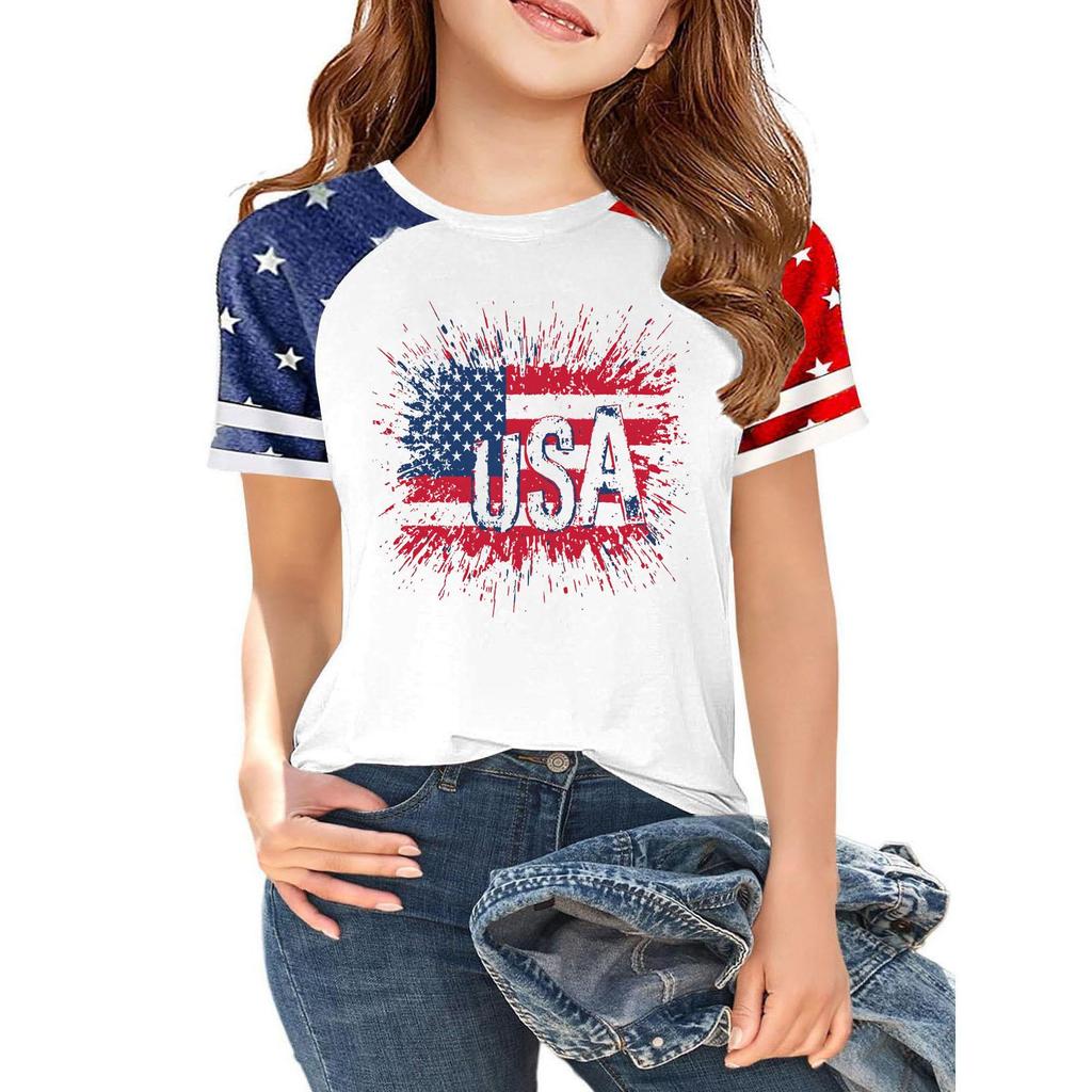 Kids Independence Day Graphic T-Shirt Crew Neck Short Sleeve Casual Tee with Star Print Raglan Sleeves Lightweight Summer Top for Boys Girls