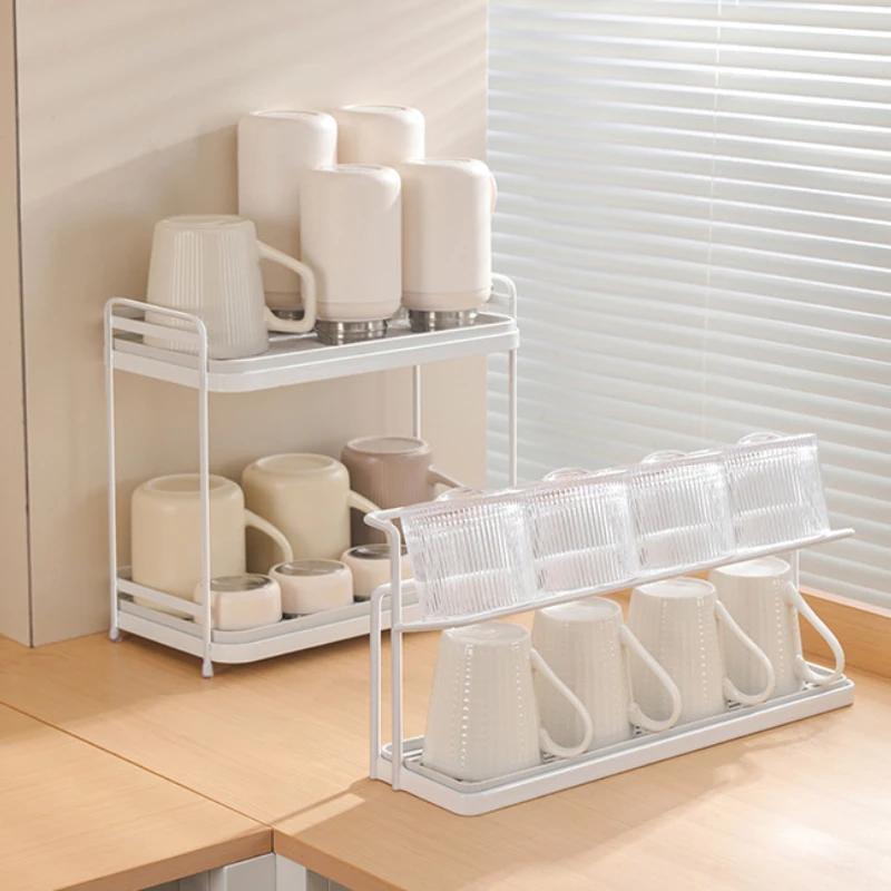 Kitchen Simple Double-layer Drain Cup Holder with Tray Multi-functional Desktop Thermos Cup Glasses Layered Metal Storage Rack