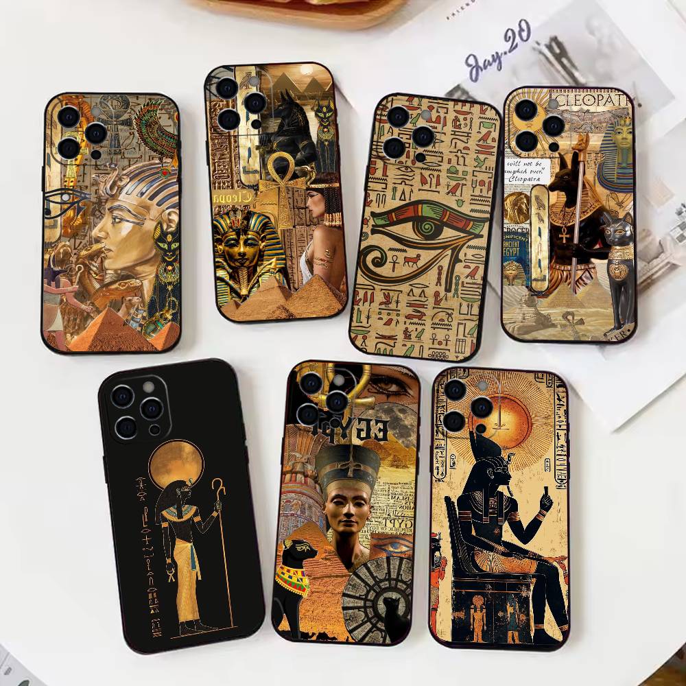 Egyptian Pharaoh Mural Phone Case For iPhone 17,16,15,14,13,12,11 Plus,Pro Max,XS,Soft Silicone Black Cover