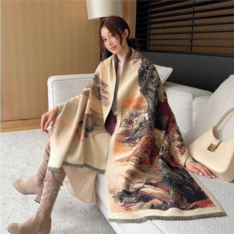 Autumn and Winter New Scarf Women's Tongguan Puxue Double-sided Jacquard Shawl Versatile High-end Imitation Cashmere Scarf