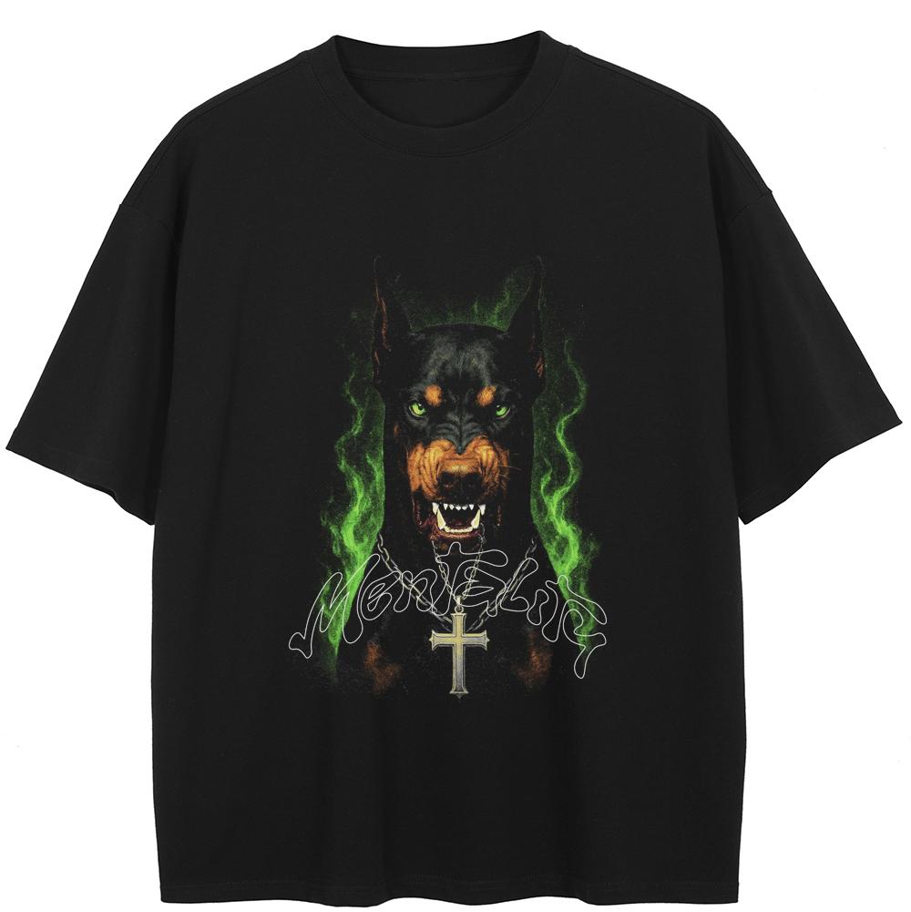 2026 Men Washed Black T-Shirt Streetwear QUARTER 24 Cerberus Dobermann Graphic