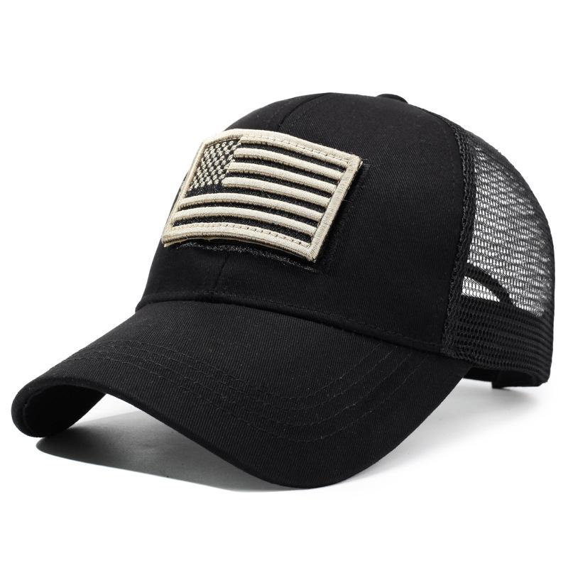 Herren Outdoor Trucker-Kappe mit gesticktem Flaggen-Camouflage-Patch & Klettverschluss 56-60cm schwarz