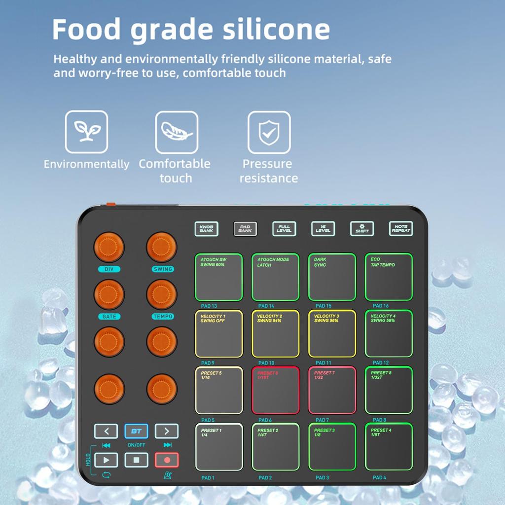 Summina MIDI Controller, 16 RGB Pads, 8 Knobs, 6 Customizable Buttons, Wireless Rechargeable 2000mAh Battery, USB MIDI Connectivity, for Music Product