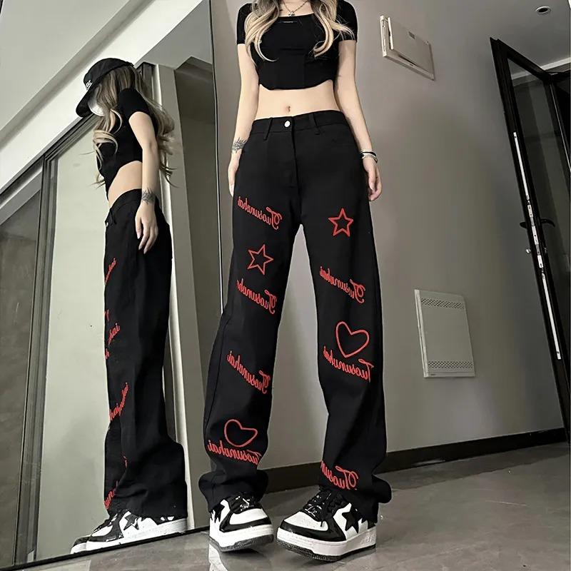 Women s Streetwear Graffiti Print Loose Fit Denim Pants S чёрный