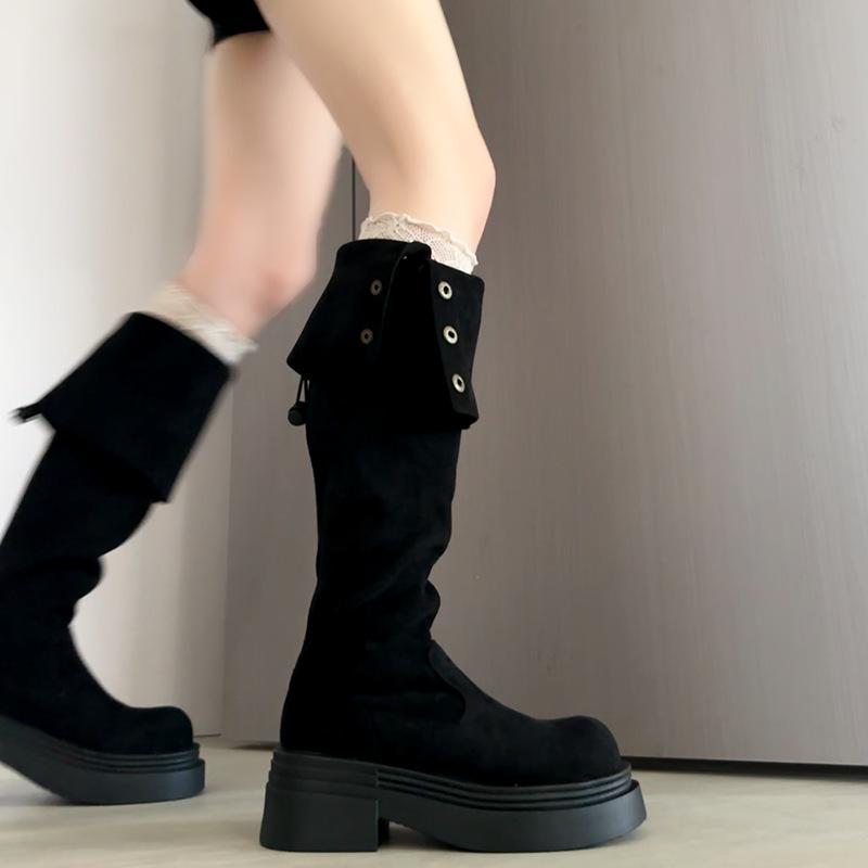 

Suede round head two wear pleated boots women s 2025 new autumn and winter thick-soled women s knee boots are thin and tall 39