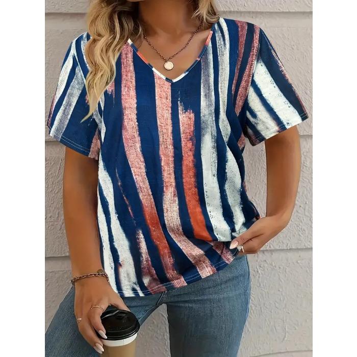 Summer V-neck 3D Color Blocking Printed Top Fashionable Casual Short Sleeved Women's T-shirts