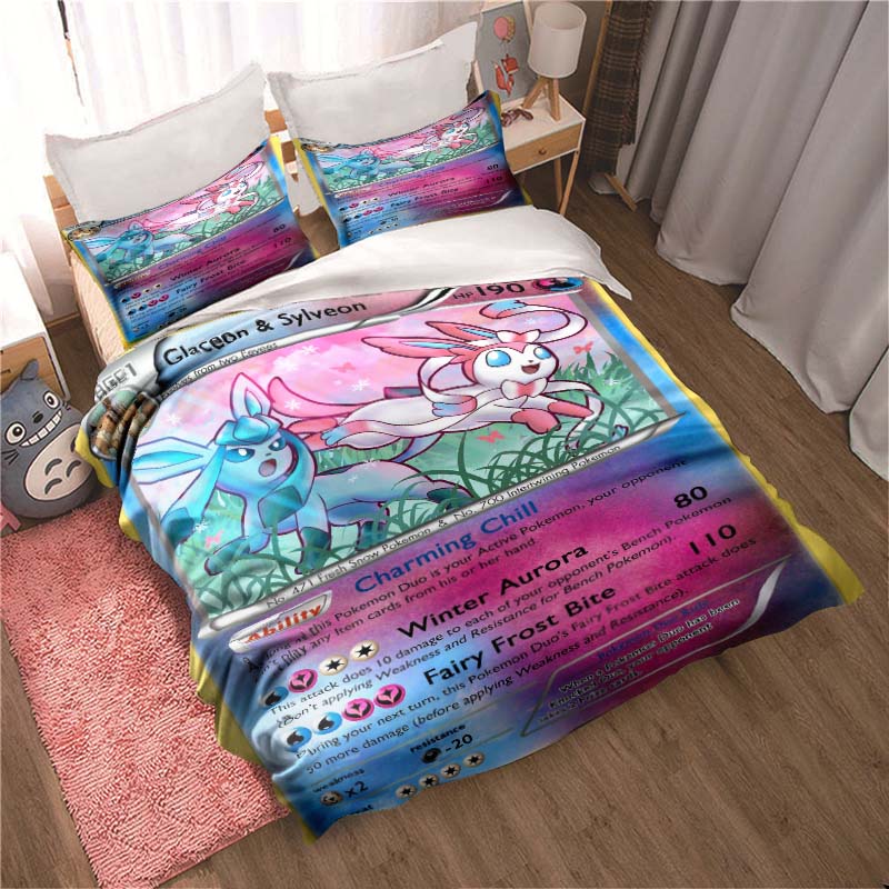 Bedding sets featuring various Pokémon card designs and sizes—including soft duvet covers and pillowcases—suitable for teenagers
