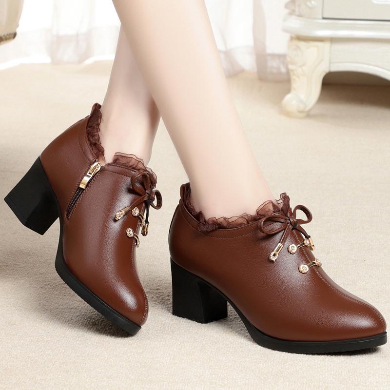 Women Spring Autumn New Fashion Lace Soft Leather Platform Pumps Korean Style Casual Waterproof Pointed Toe Single Shoes