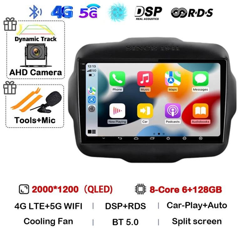 Android 14 Auto Carplay WIFI+4G LTE Car Radio For Jeep Renegade 2016 2017 2018 2019 2020 Multimedia Player GPS Stereo 360 Camera
