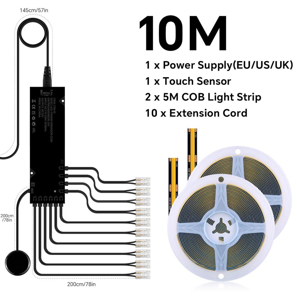 TV Wall Panel Lighting Kit Cuttable COB LED Strip Light With Touch Sensor Dimmer Switch DIY Display Cabinet Shelf Lamp