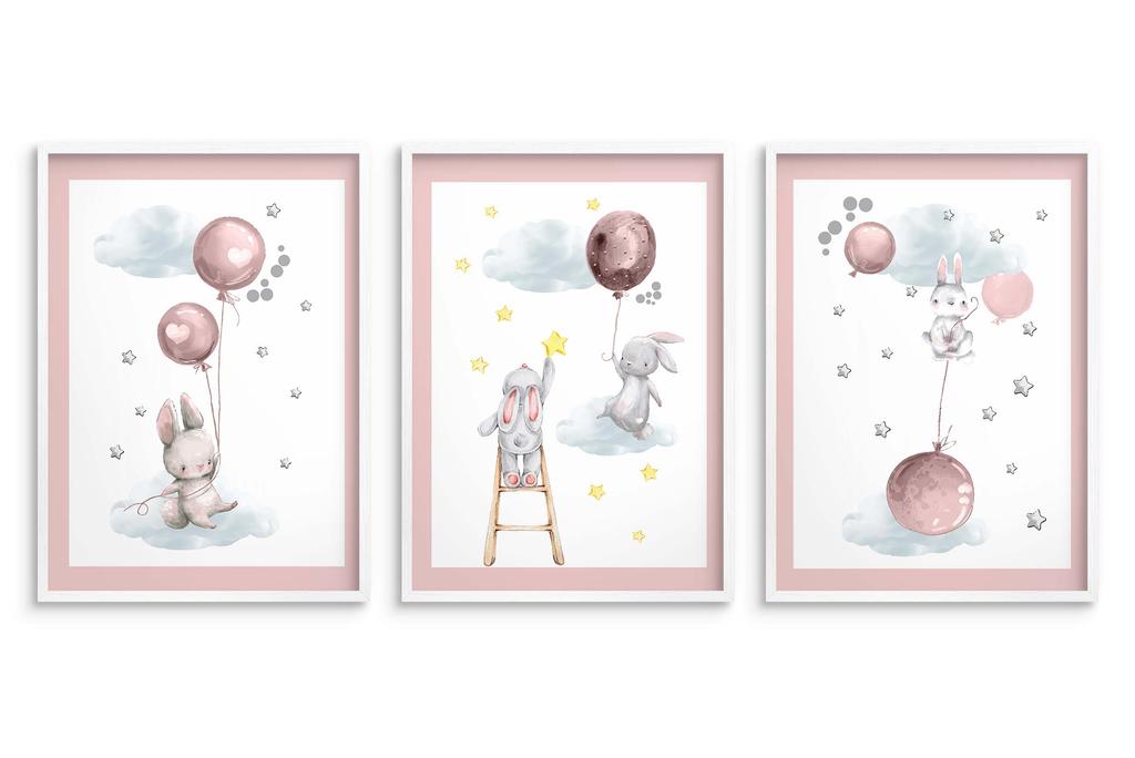 Zestaw Plakatów Dla Dziecka Króliczki Balony Pastelowy Róż Obrazy 30x40