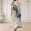 Women Plus Size Round Neck Triple Keyhole Cutout Sleeveless Abstract Printed Long Dress