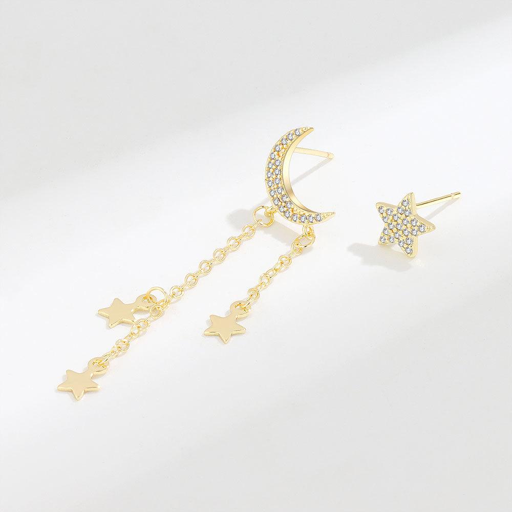 Fashionable Asymmetric Star Moon Rhinestone Tassel Earrings Unique Design Dangle Ear Studs For Women золотой