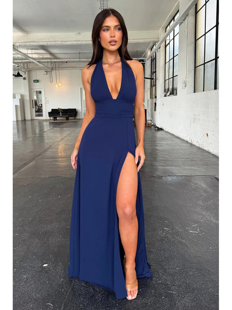 Jarní příchod: Elegantní evropské a americké dámské maxi šaty s halter výstřihem do V a rozparkem