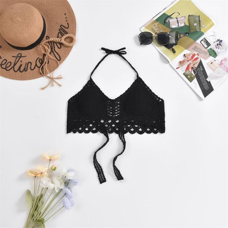Tassel Crop Tops Retro Wild Hollow Perspective Sexy Spaghetti Strap Tanke Top Women Built In Bra New Back Lace Halter Neck