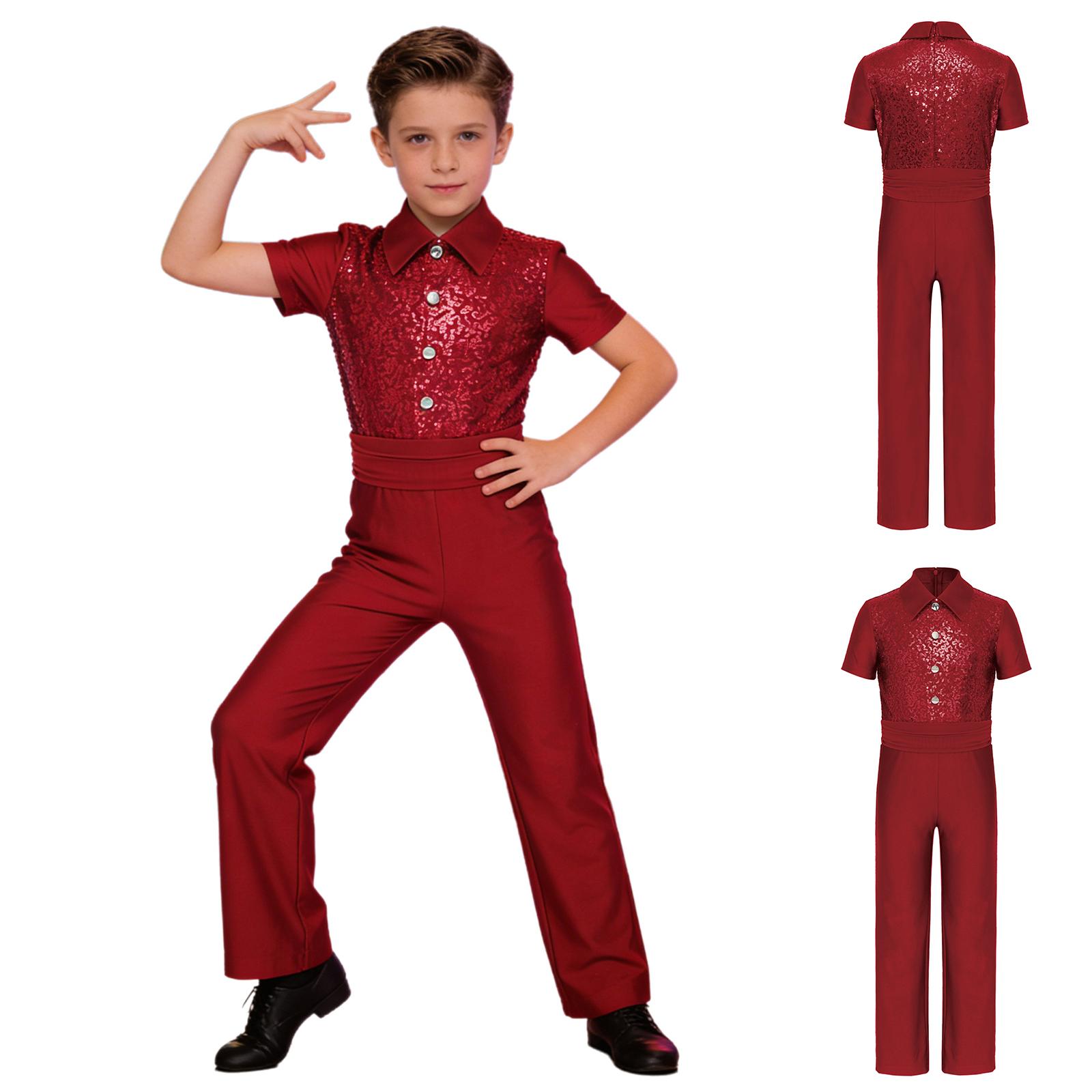 Kinder Tanz Bodysuit Jungen Umlegekragen Kurzarm Paillettenverziert Knopfverschluss Lange Hose Gymnastik Outfit 7-8 Years brown