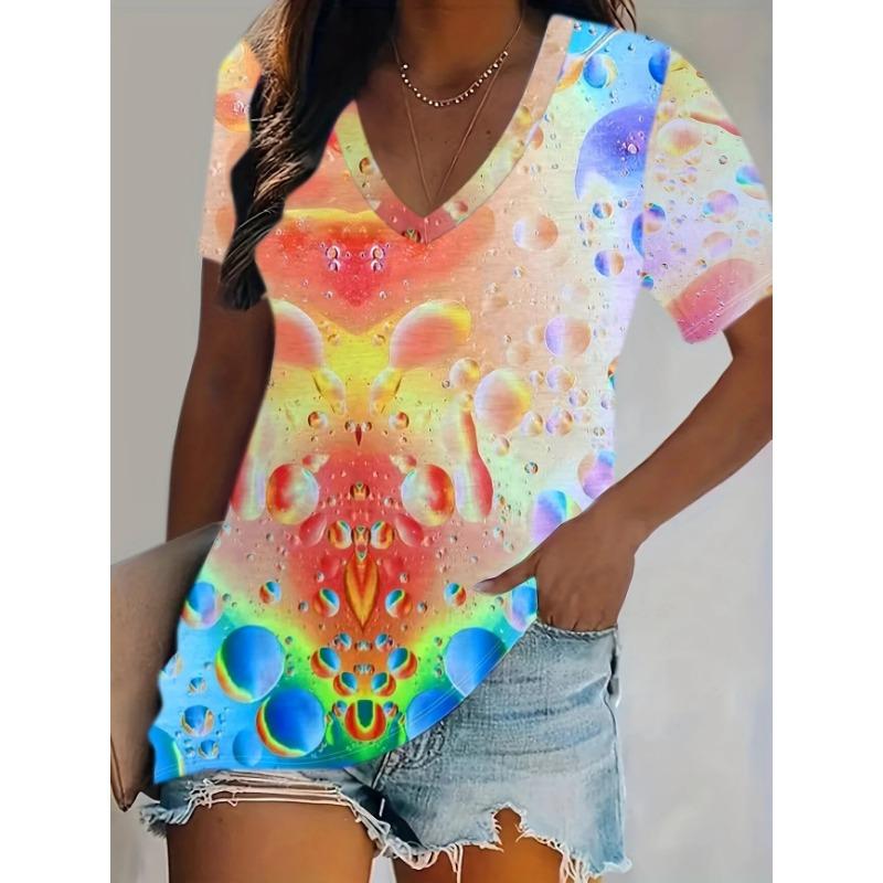 Women's T-Shirt Tie-Dye Water Drop 3d Pattern Printing Fashion Casual Oversized V-Neck Short-Sleeved Summer Women's Clothing