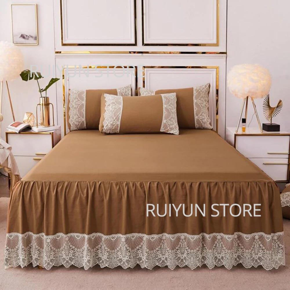 Decorative Lace Bed Skirt Non-slip Mattress Cover Protecor Bed Cover Ruffled Bed Skirt Bedspread Bedsheet Solid Color