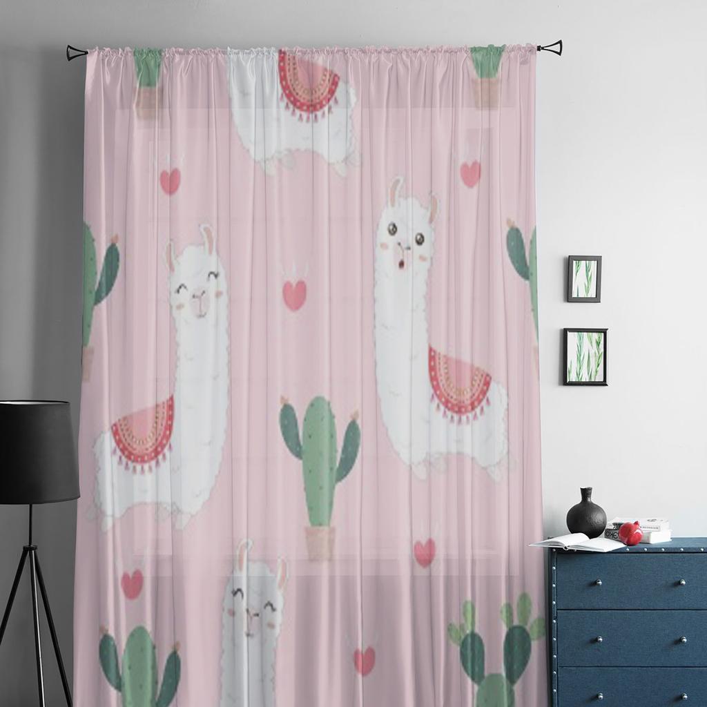 Alpackor Och Kaktus Tecknad Rosa Tyll Skira Gardiner för Vardagsrum Rum Sovrum Kök Dekoration Voile Organza Gardiner