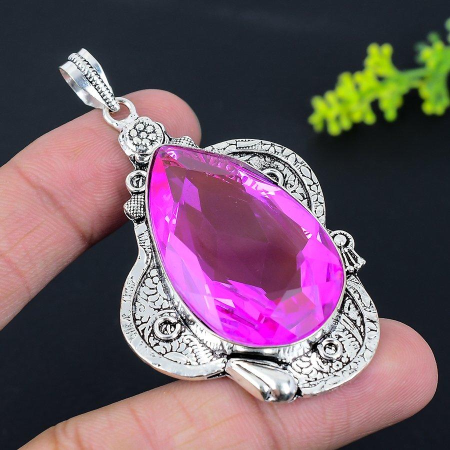 Pink Kunzite Gemstone Handmade 925 Sterling Silver Jewelry Pendant 2.84" Q7O21