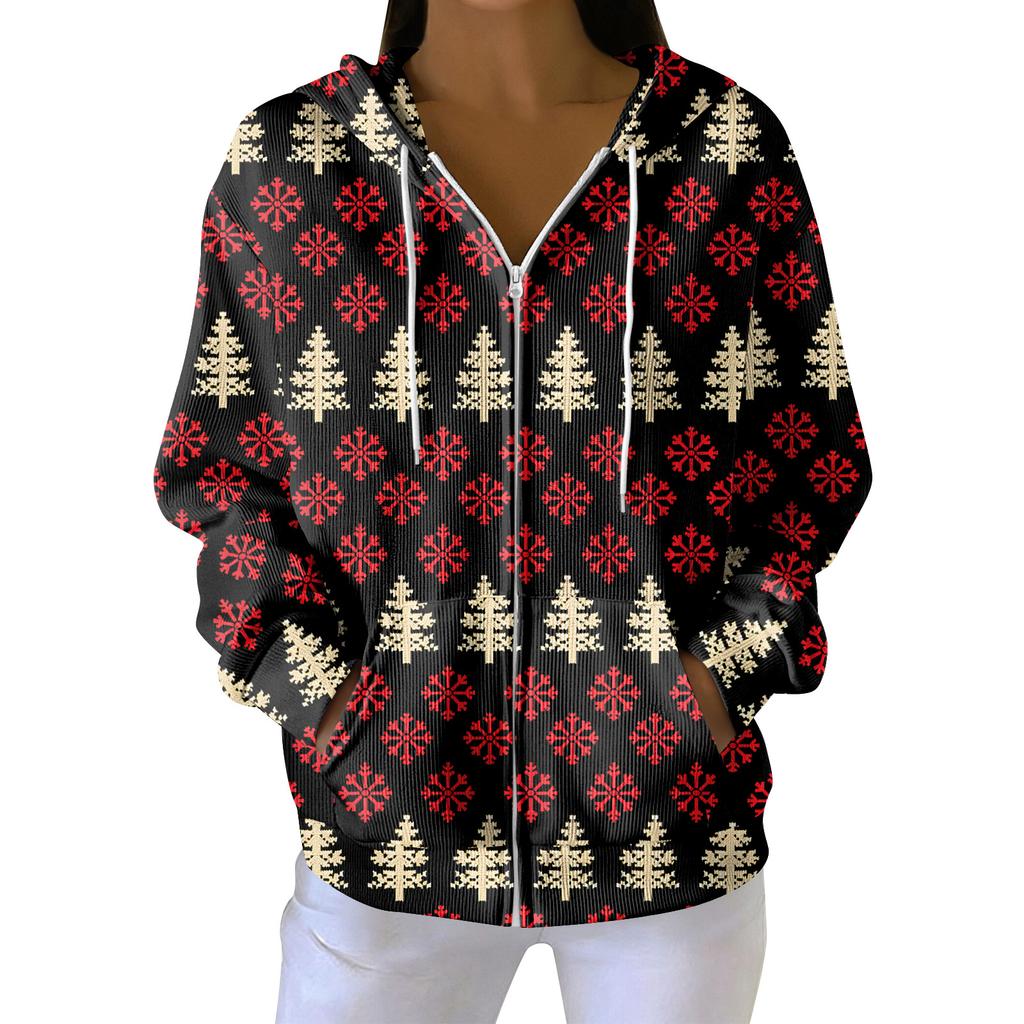 Women's Casual Fashion Long-Sleeved Zip-Up Christmas Print Knitted Hoodie