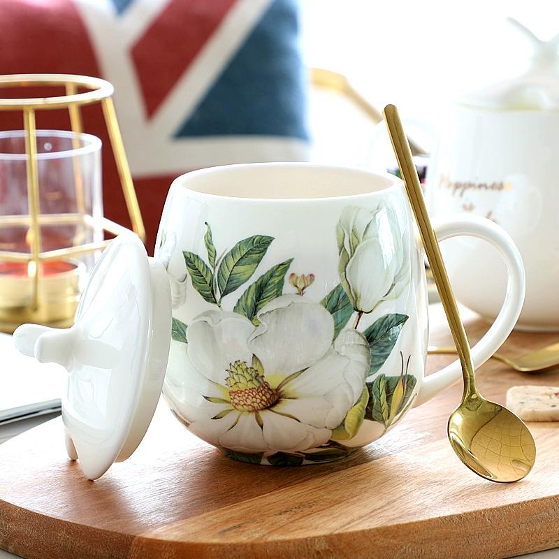 Hrnek z kostního porcelánu s víčkem a lžičkou, hrnek s velkým bříškem, 3 styly, keramický hrnek, roztomilé květinové hrnky, šálek na kávu 450 ml