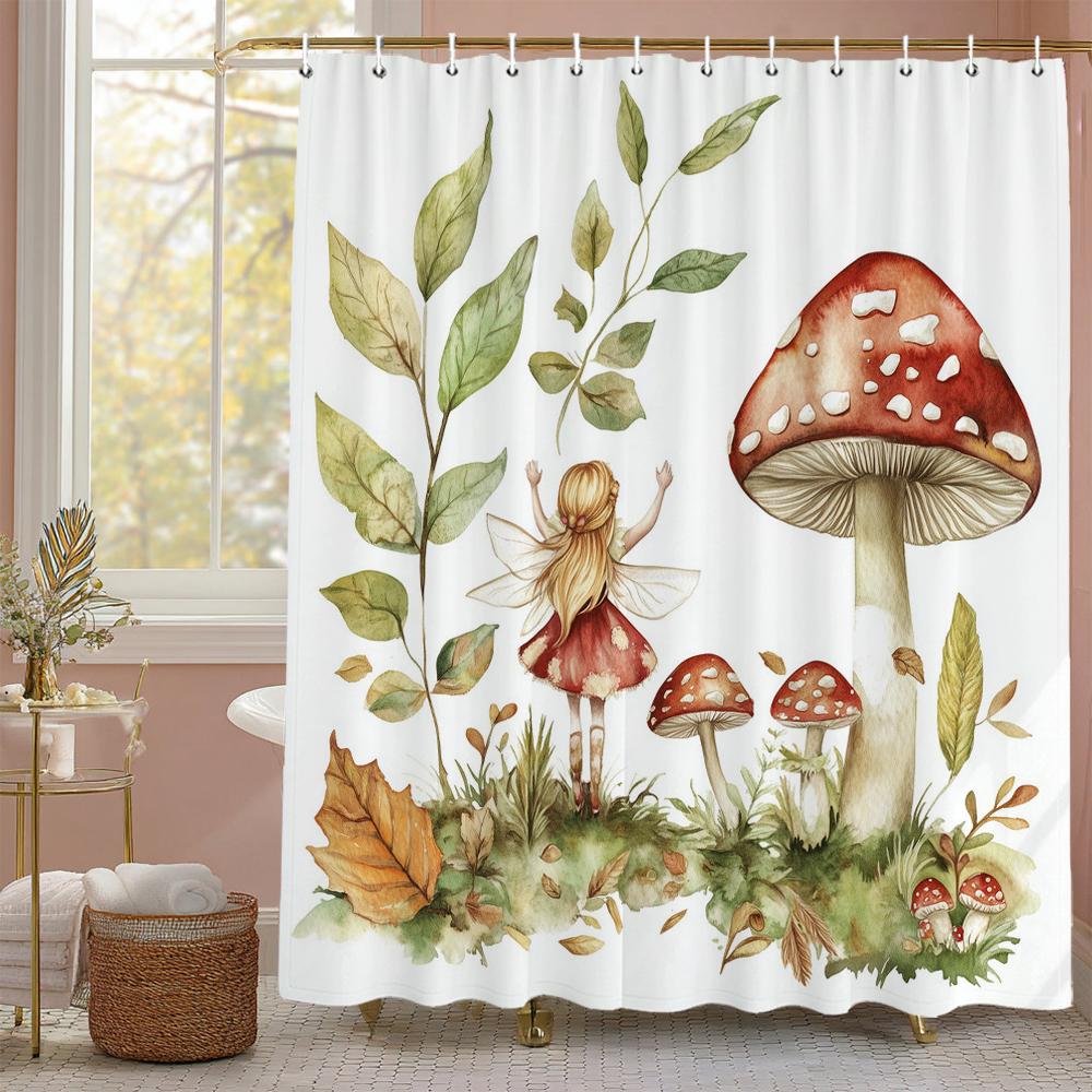 Cute Rabbit Cheerful Shower Curtain, Green Fresh Floral Spring Bathroom Decorative Shower Curtain, Waterproof Shower Curtain