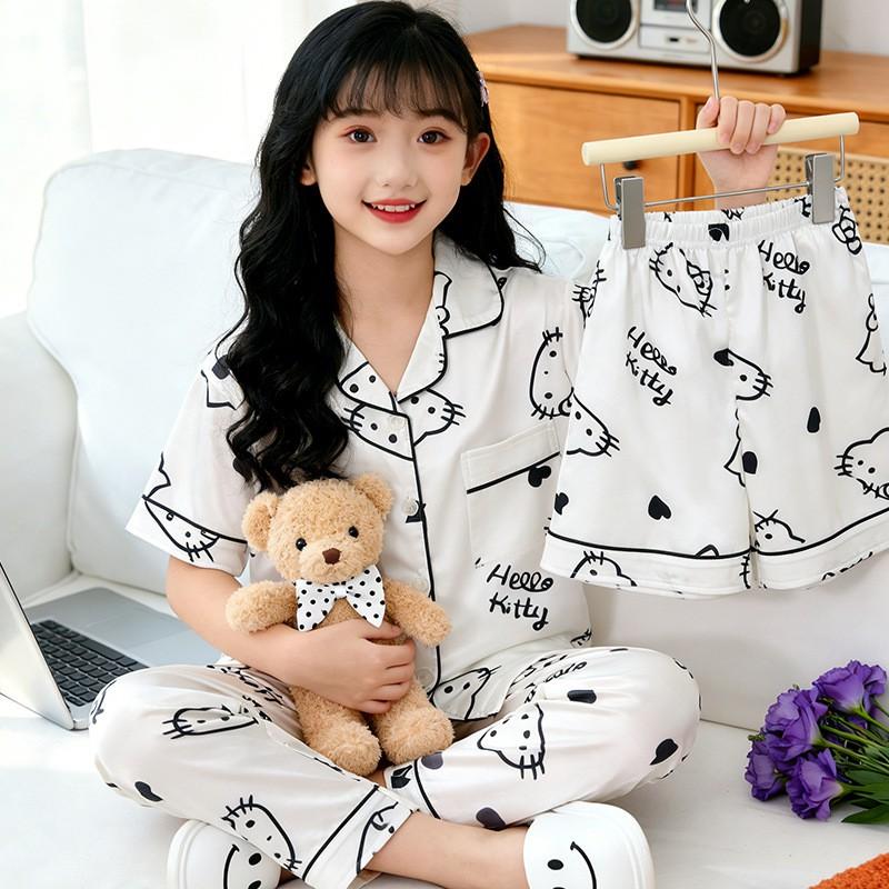 Girls Pajama Set Ice Silk Short Sleeve Sleepwear Cartoon Print Lightweight Home Wear Ages 8