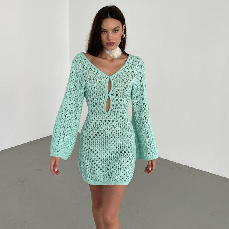 

Fashion Fall and Winter New Beach Dress Women s Pure Color Sexy Knitting Cut Out Beach Bikini Swimsuit Blouse Sun-Protective Clothing Mint Green S