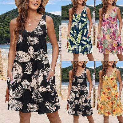 Lässiges Sommerkleid für Damen mit Taschen, Sommer-Boho-Strandkleid, Blumenblusen für Damen, T-Shirts, Kleid mit V-Ausschnitt, lockere Tank-Kleider