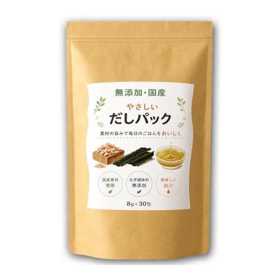 Domestic additive-free dashi pack 8g x 30 packets Uses bonito flakes, kelp, and shiitake mushrooms No chemical seasonings or preservatives