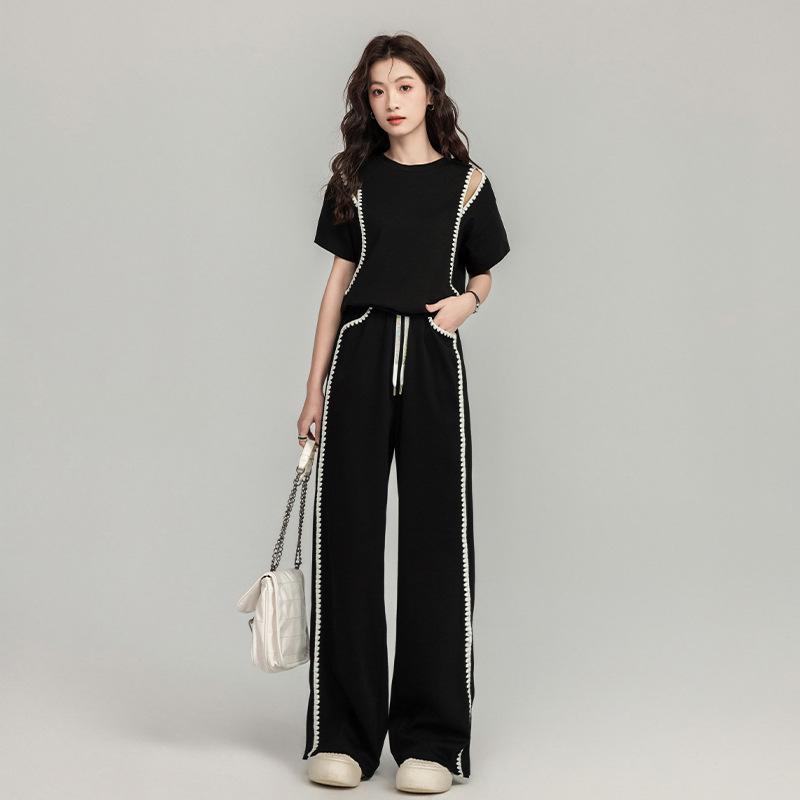 2025 Summer Trendy Sporty Slim Two-Piece Set: Short-Sleeve Top & Wide-Leg Pants