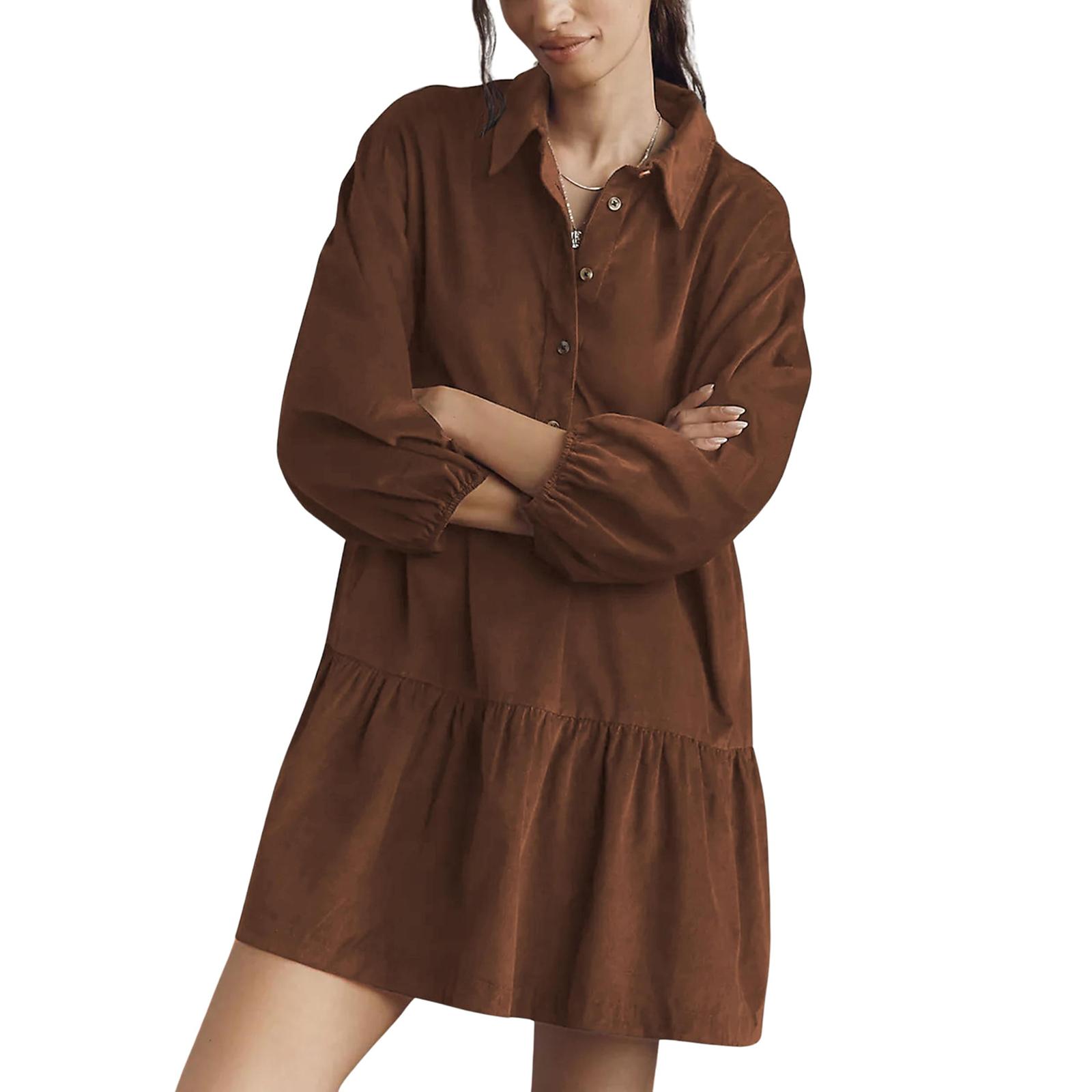 

Women s Fashion Casual Corduroy Shirt Dress Long Sleeve Button Band Pocket Solid Color Dress XL кофейный