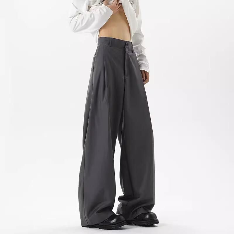 QOTRIOCK American Style Pleated Loose Straight Casual Trousers