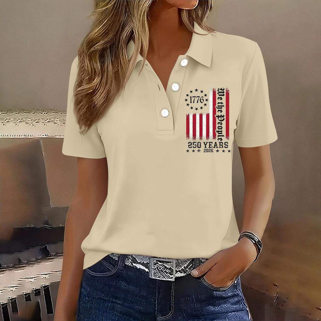 Damen Casual Knopf Kurzarm Poloshirt 250. Jubiläum Aufdruck Oberteil Unabhängigkeitstag Stil Leichtes Weiches Gewebe
