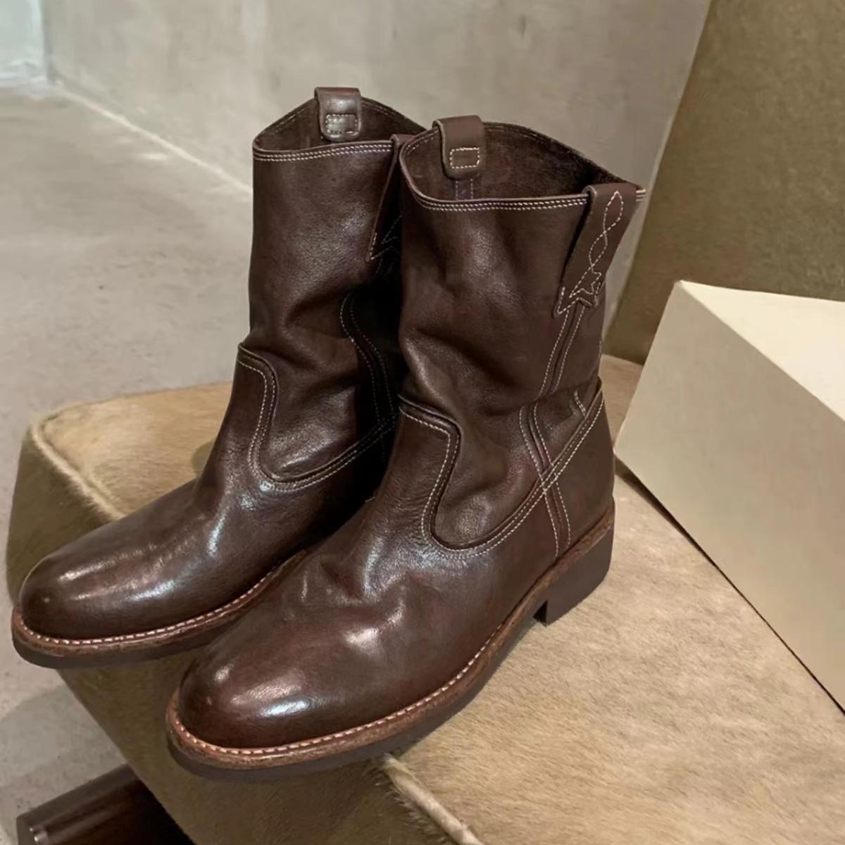 

Женские зимние ботильоны на среднем каблуке, удобные кожаные плюшевые туфли, женские ретро-ботинки «челси» на массивной подошве, зима 2025 года, трендовые готические ботинки Mujer 35 коричневый