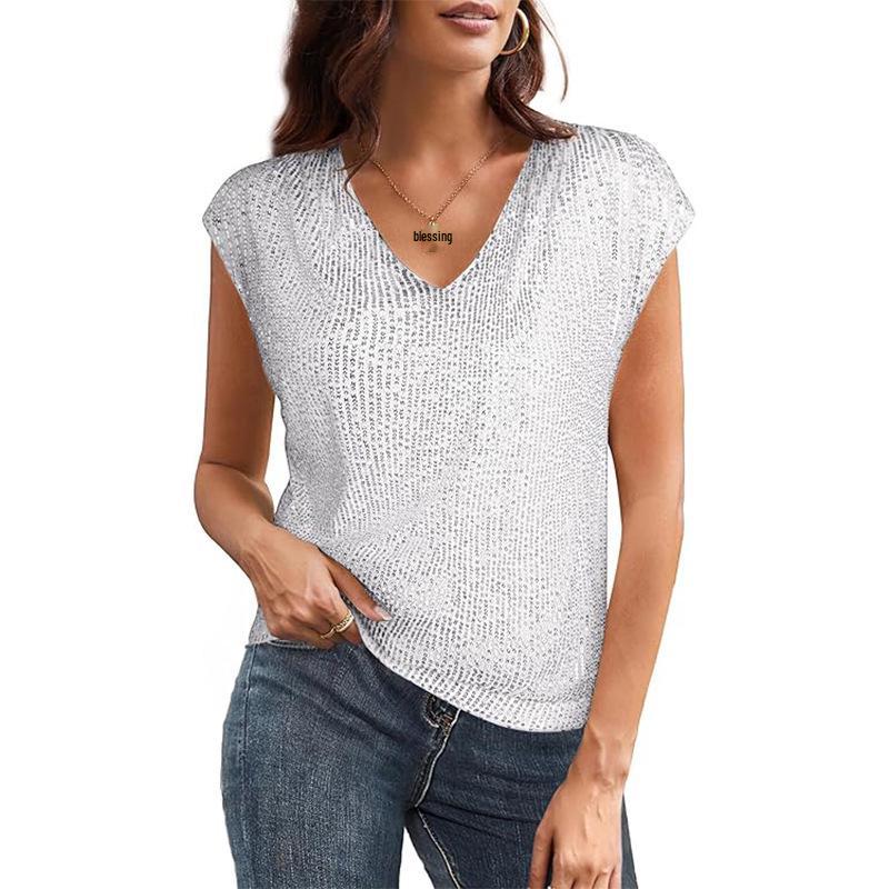 Summer Women's Sexy V-neck Sequin Shiny Party Vest T-shirt