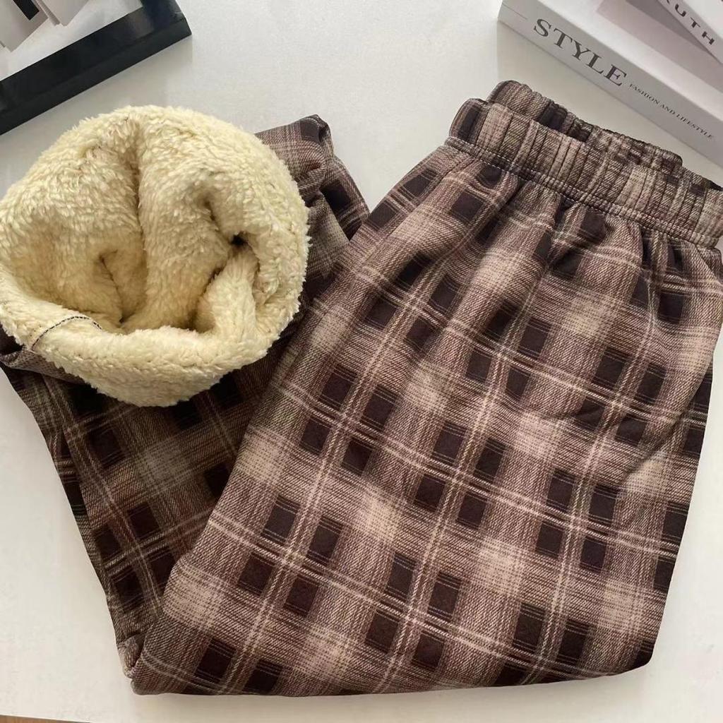 Spodnie zimowe w kratę z podszewką z polaru w panterkę, z wysokim stanem i szerokimi nogawkami