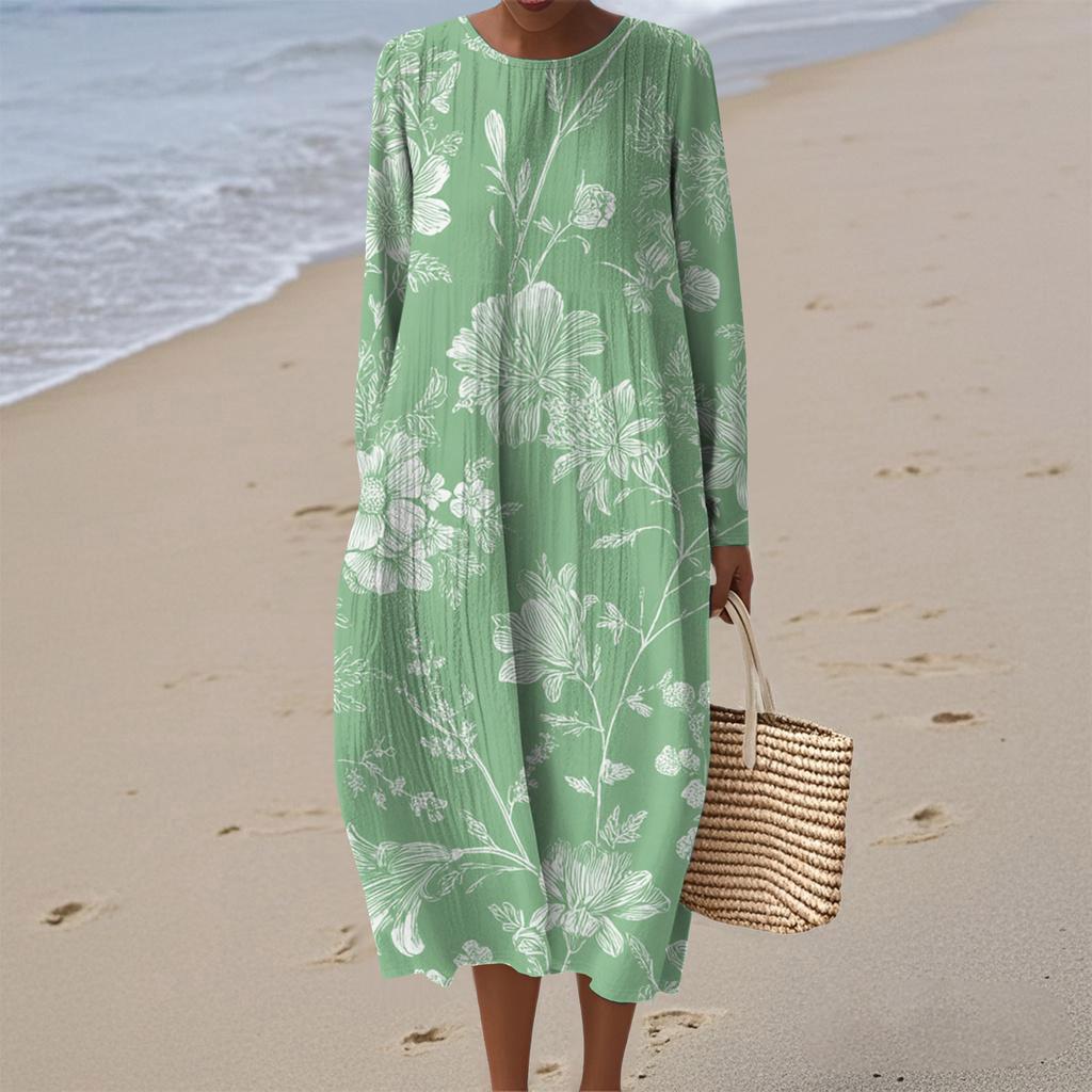 Women's Fashionable Casual Long-Sleeved Round Neck Floral Print Zipper Dress