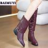 Mode Damen Mittelhohe Absätze Kniehohe Stiefel Lederschuhe 2025 Marke Winter Neu Retro Chelsea Stiefel Klobige Goth Pumps Botas Mujer
