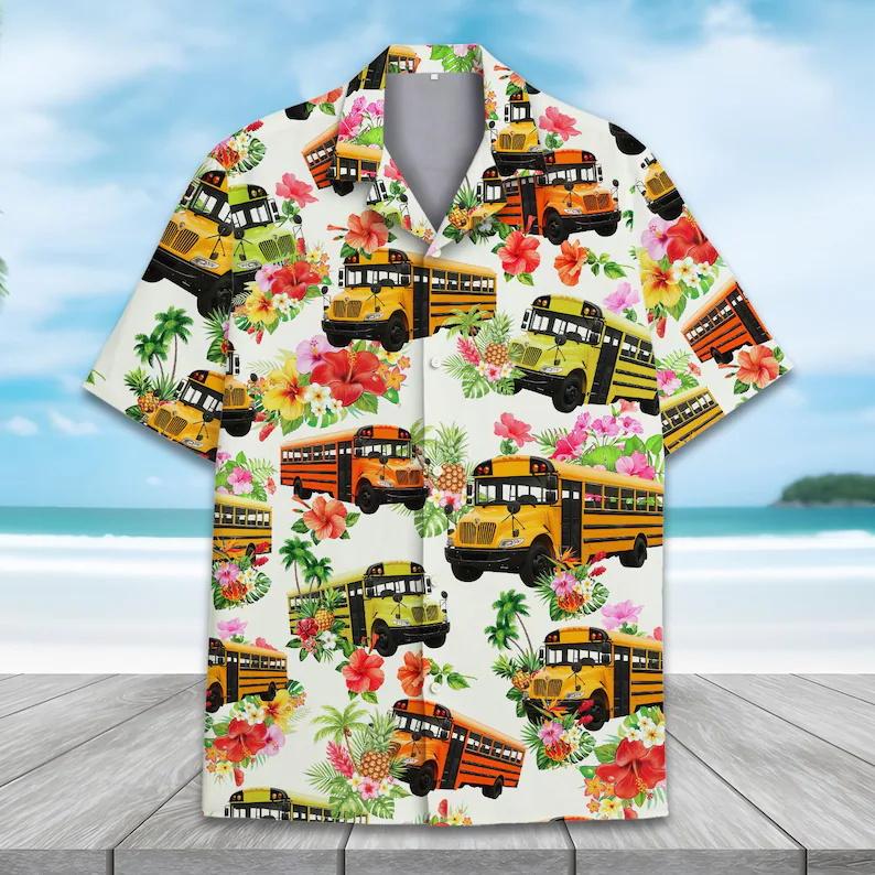 Men's School Bus & Tropical Floral Print Hawaiian Shirt Casual Button Down Short Sleeve Beach Shirts For Summer Holiday