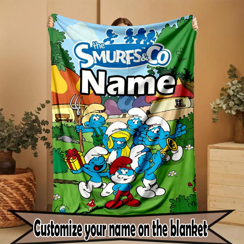 Custom Name Personalized Blue Smurfs Print Blanket, Home Decor, Bedroom, Sofa, Camping, Couch, Gifts for Birthday Christmas