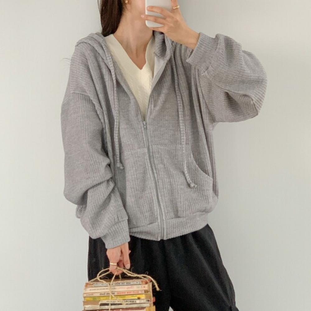 New Arrivals Open Run Women Ribbed Simple Casual Daily Hooded Zip Up