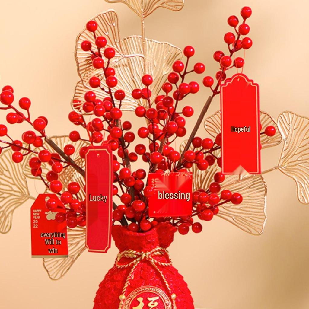 Fortune Red Fruit Floral Arrangement - Artificial Flowers for Living Room, New Year, Wedding, or Housewarming Decoration