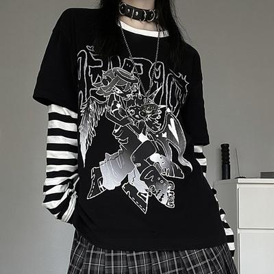 VAYLA Harajuku Woman Tshirts Shirts for Women Japanese Tees Ropa Mujer Patchwork Striped Casual Punk Y2k T-Shirt Oversized Tops