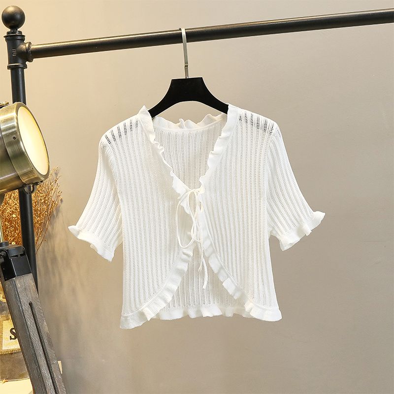 

Tied Lotus Leaf Cardigan Outer Wear Autumn Knitting Shawl White-Short Sleeve 828 Ruffles pure color XL