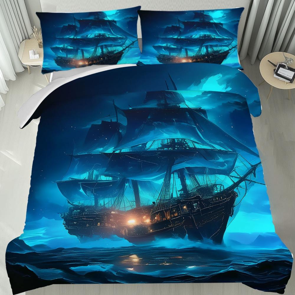 

3pcs Blue Bedding Set Ocean Mist Ghost Ship Printed Cozy Duvet Cover Set King Queen Twin Single Size Birthday Gift Bedroom Decor EU Single 135x200cm